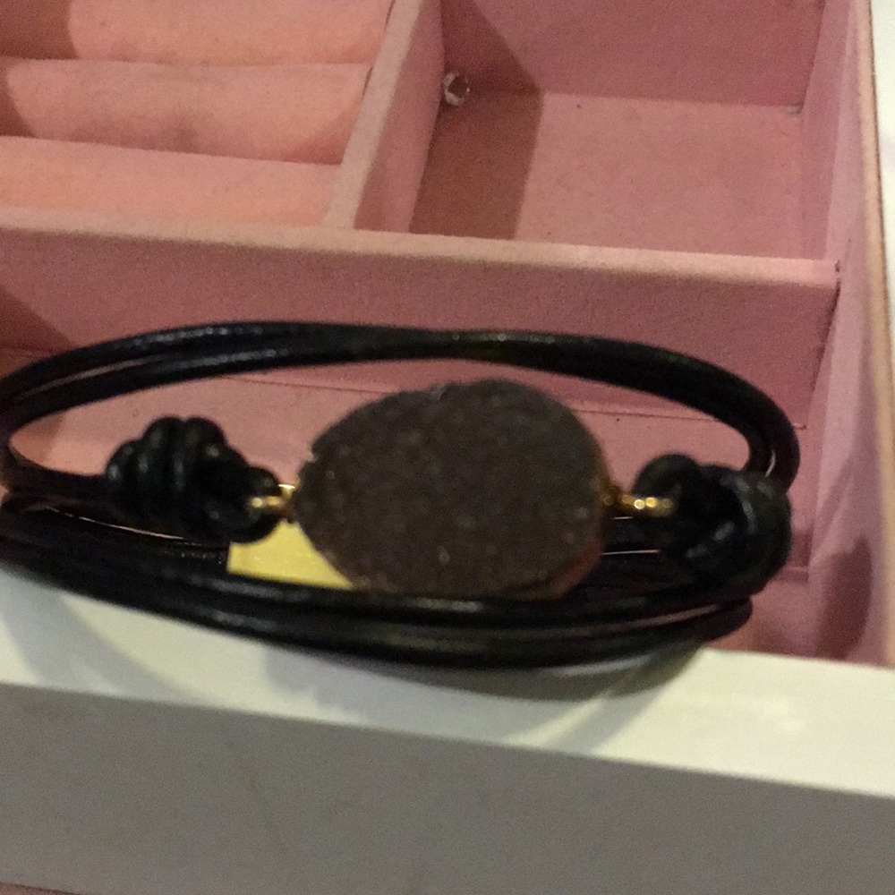 Black waxed leather strap druzy bracelet